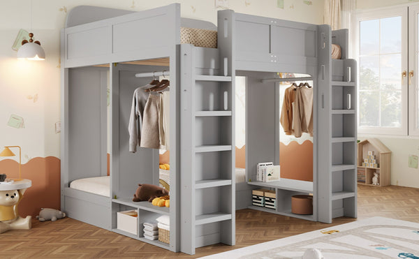 English Elm Triple Bunk Bed Wood Frame with Built in Shelves Hooks for Shared Kids Rooms Gray N7090004027E
