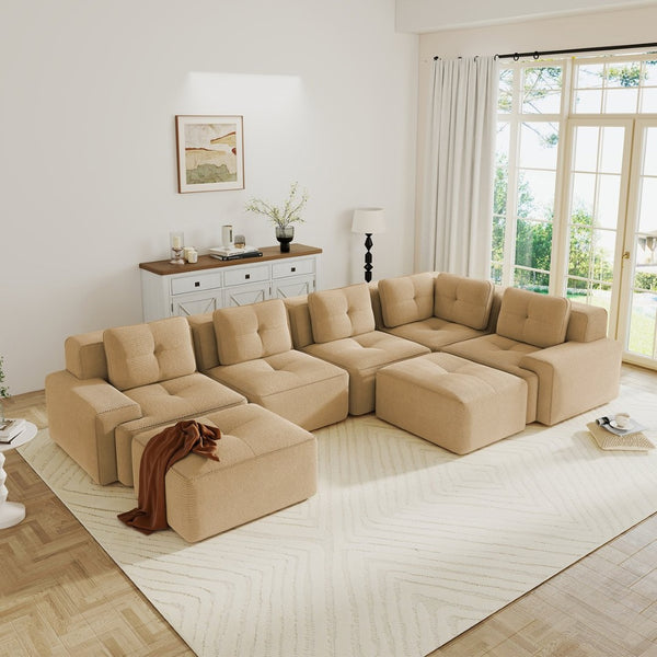 English Elm Modular Corduroy Sectional Sofa V Shaped 5 Seat Living Room Couch with Ottoman Camel W714S01589