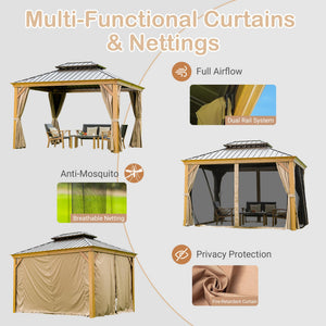 English Elm 10' X 14' Hardtop Gazebo – Durable Metal Canopy With Wood-Grain Frame, Curtains, & Weather Defense W1859S00164