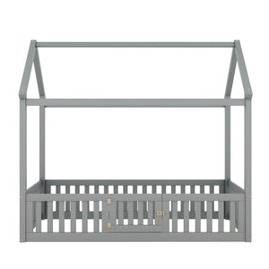 English Elm Twin Pine House Bed with Roof, Fence & Door — Enclosed Playful Design for Cozy Sleep and Imagination Gray WF531501AAE