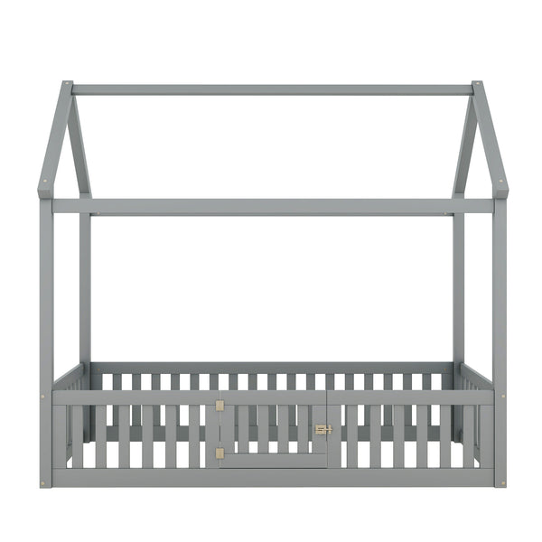 English Elm Twin Pine House Bed with Roof, Fence & Door — Enclosed Playful Design for Cozy Sleep and Imagination Gray WF531501AAE