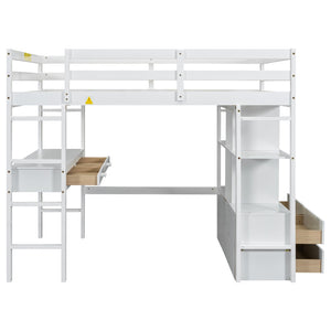 English Elm Full Size Loft Bed Pine Wood Frame with Desk Four Drawers and Shelves in White SM000320AAK-1