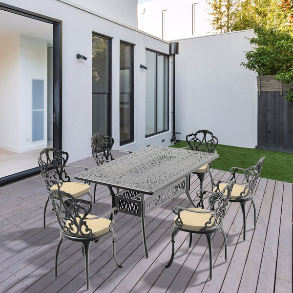 English Elm 7-Piece Cast Aluminum Patio Dining Set With Off-White Cushions For Comfort & Style Outdoors W1710S00090