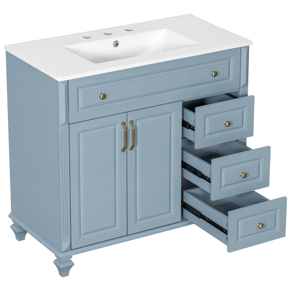 English Elm 36" Bathroom Vanity - Modern Blue Grey Solid Wood Cabinet With Elegant Gold Handles & Ample Storage N725P356069E