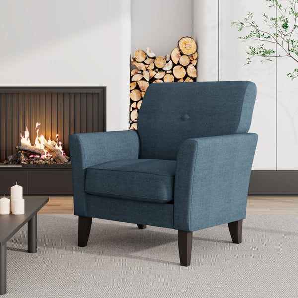 English Elm Dorset Barrel Accent Chair Velour Upholstery Solid Legs Compact Living Room Seating Blue B127P495069