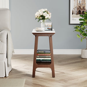 English Elm Retro Reddish Brown Narrow Slate Side Table with Shelf, Slim Walnut Nightstand for Small Spaces W1801P172848