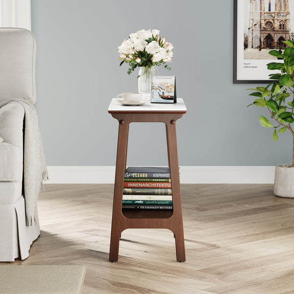 English Elm Retro Reddish Brown Narrow Slate Side Table with Shelf, Slim Walnut Nightstand for Small Spaces W1801P172848