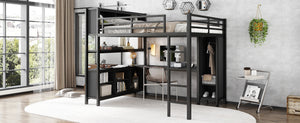 English Elm Metal Loft Bed With Wardrobe, L-Shaped Desk & Storage Cubes - Stylish Space-Saving Queen Solution W1580S00109