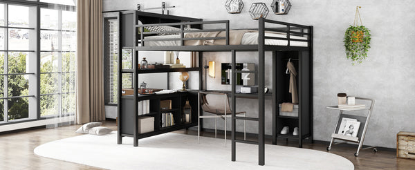 English Elm Metal Loft Bed With Wardrobe, L-Shaped Desk & Storage Cubes - Stylish Space-Saving Queen Solution W1580S00109