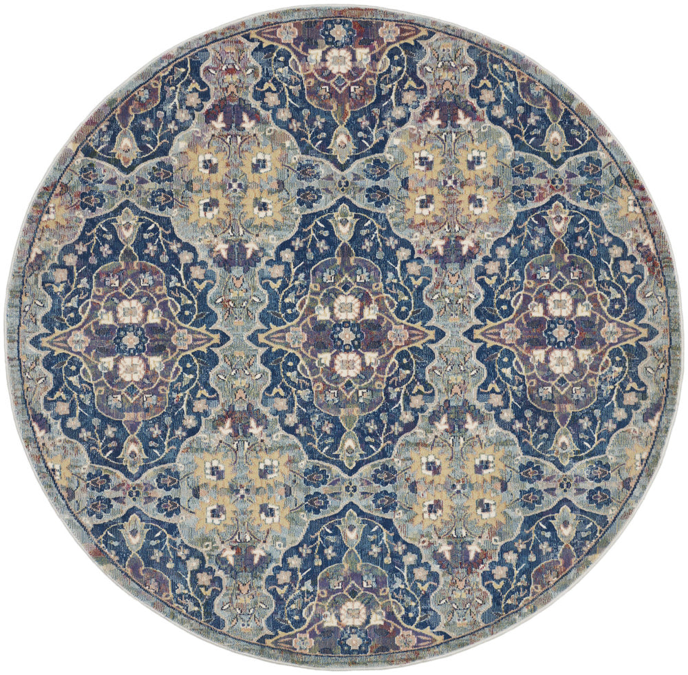 Homeroots 6' Ivory Navy Blue And Yellow Floral Distressed Non Skid Round Rug  Polypropylene,Polyester 551000