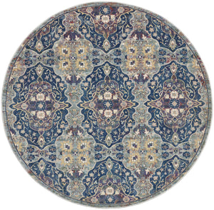 Homeroots 6' Ivory Navy Blue And Yellow Floral Distressed Non Skid Round Rug  Polypropylene,Polyester 551000