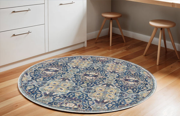 Homeroots 6' Ivory Navy Blue And Yellow Floral Distressed Non Skid Round Rug  Polypropylene,Polyester 551000