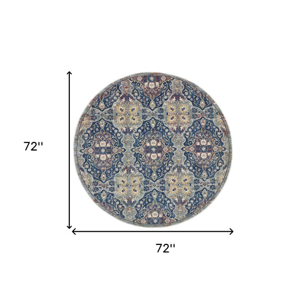Homeroots 6' Ivory Navy Blue And Yellow Floral Distressed Non Skid Round Rug  Polypropylene,Polyester 551000