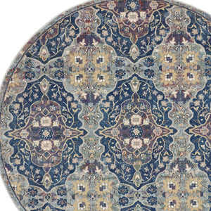 Homeroots 6' Ivory Navy Blue And Yellow Floral Distressed Non Skid Round Rug  Polypropylene,Polyester 551000