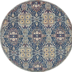 Homeroots 6' Ivory Navy Blue And Yellow Floral Distressed Non Skid Round Rug  Polypropylene,Polyester 551000