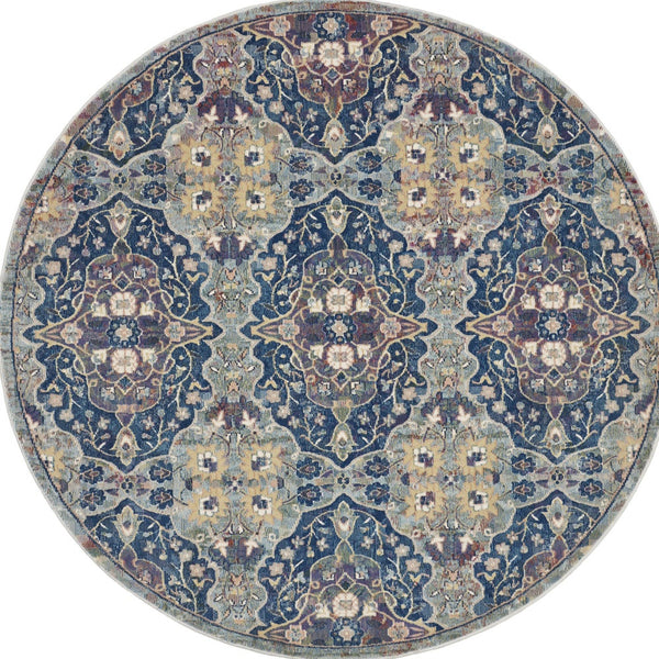 Homeroots 6' Ivory Navy Blue And Yellow Floral Distressed Non Skid Round Rug  Polypropylene,Polyester 551000