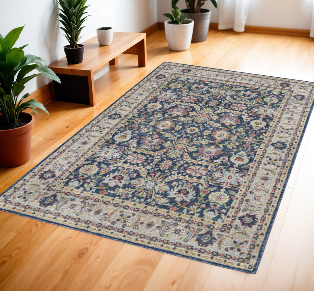 Homeroots 4' X 6' Navy Blue And Yellow Floral Distressed Non Skid Area Rug  Polypropylene,Polyester 551002