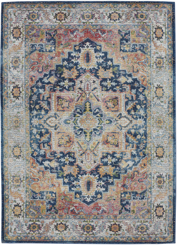 Homeroots 4' X 6' Ivory Blue And Orange Floral Medallion Distressed Non Skid Area Rug  Polypropylene,Polyester 551003