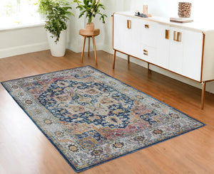 Homeroots 4' X 6' Ivory Blue And Orange Floral Medallion Distressed Non Skid Area Rug  Polypropylene,Polyester 551003