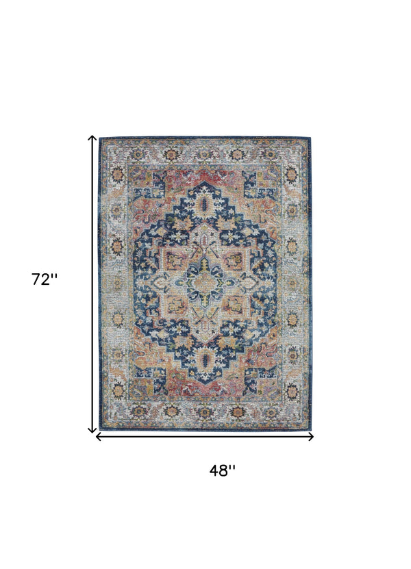 Homeroots 4' X 6' Ivory Blue And Orange Floral Medallion Distressed Non Skid Area Rug  Polypropylene,Polyester 551003