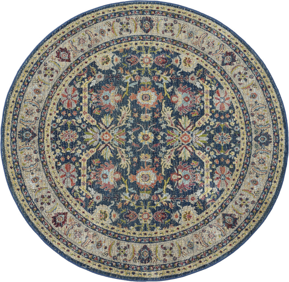 Homeroots 6' Navy Blue And Yellow Floral Distressed Non Skid Round Rug  Polypropylene,Polyester 551004