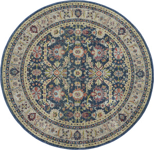 Homeroots 6' Navy Blue And Yellow Floral Distressed Non Skid Round Rug  Polypropylene,Polyester 551004