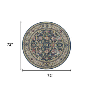 Homeroots 6' Navy Blue And Yellow Floral Distressed Non Skid Round Rug  Polypropylene,Polyester 551004