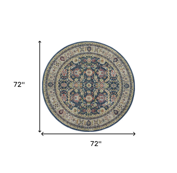 Homeroots 6' Navy Blue And Yellow Floral Distressed Non Skid Round Rug  Polypropylene,Polyester 551004
