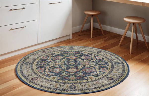 Homeroots 6' Navy Blue And Yellow Floral Distressed Non Skid Round Rug  Polypropylene,Polyester 551004