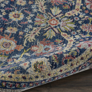 Homeroots 6' Navy Blue And Yellow Floral Distressed Non Skid Round Rug  Polypropylene,Polyester 551004