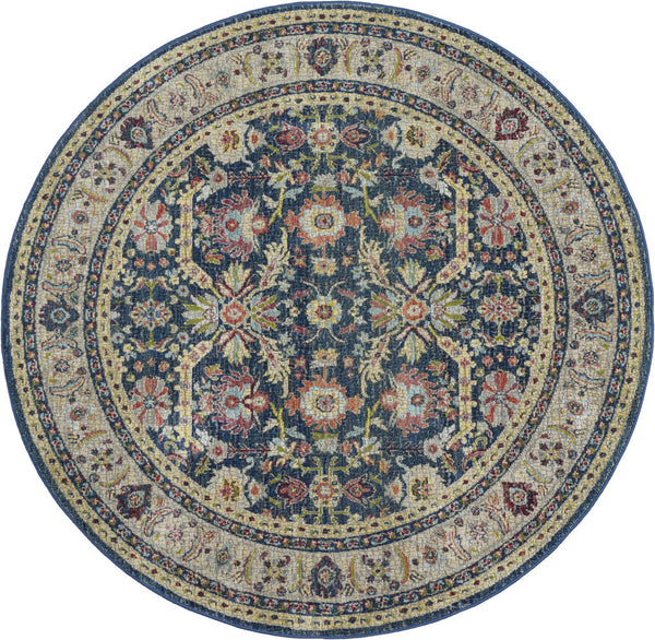Homeroots 6' Navy Blue And Yellow Floral Distressed Non Skid Round Rug  Polypropylene,Polyester 551004