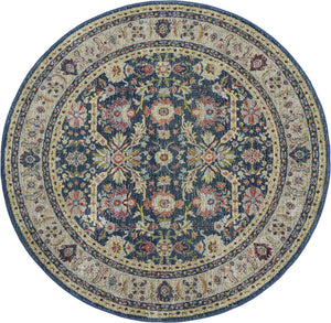 Homeroots 6' Navy Blue And Yellow Floral Distressed Non Skid Round Rug  Polypropylene,Polyester 551004