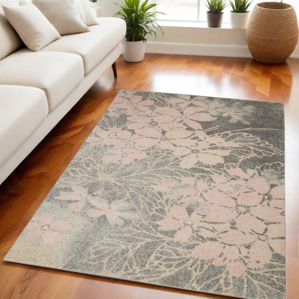 Homeroots 5' Gray And Pink Floral Area Rug - Durable, Stain Resistant Design For Homes With Kids And Pets  Polypropylene 551009