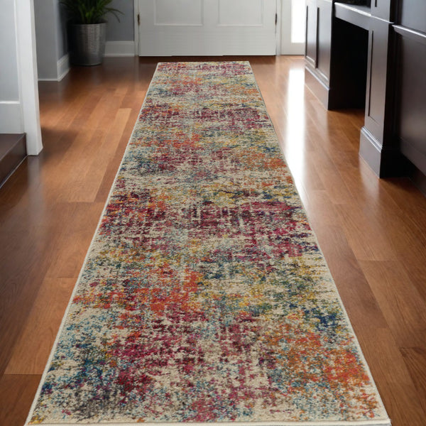 Homeroots 10' Ivory Orange And Pink Abstract Distressed Non Skid Runner Rug  Polypropylene 551012