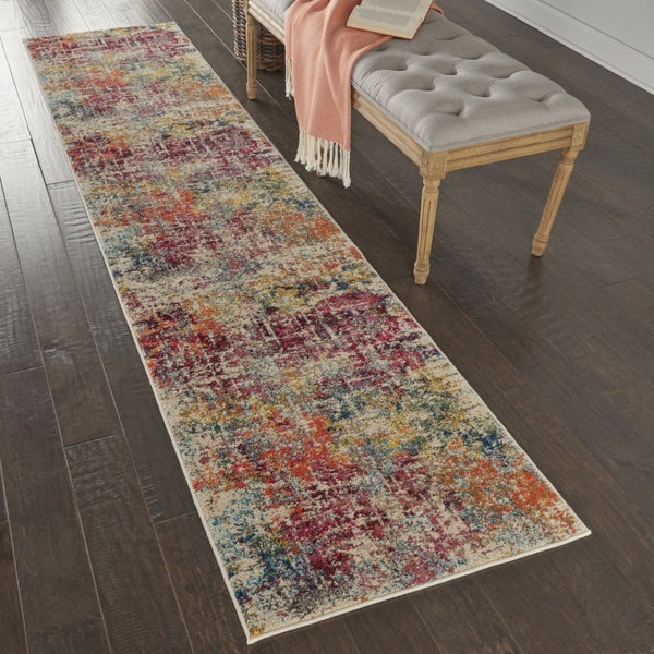 HomeRoots 7' Abstract Distressed Area Rug in Ivory, Red, and Pink - Durable Non-Skid Design for Busy Homes 10' Runner 551012