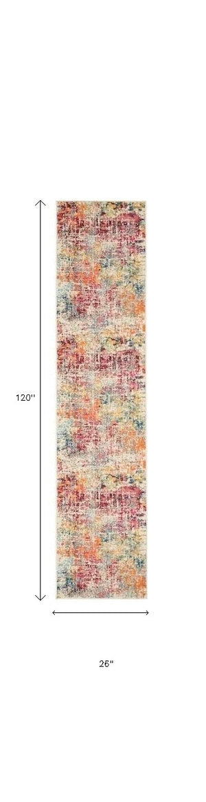 Homeroots 10' Ivory Orange And Pink Abstract Distressed Non Skid Runner Rug  Polypropylene 551012