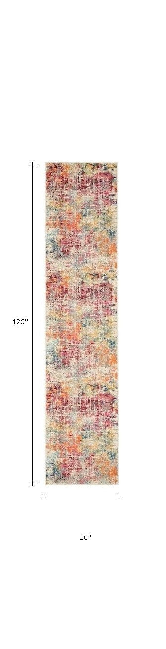 Homeroots 10' Ivory Orange And Pink Abstract Distressed Non Skid Runner Rug  Polypropylene 551012