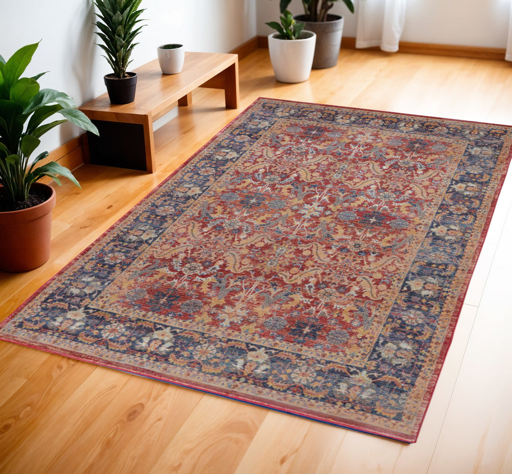 Homeroots 4' X 6' Blue And Red Oriental Distressed Non Skid Area Rug  Polypropylene,Polyester 551018