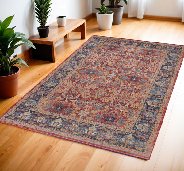 Homeroots 4' X 6' Blue And Red Oriental Distressed Non Skid Area Rug  Polypropylene,Polyester 551018