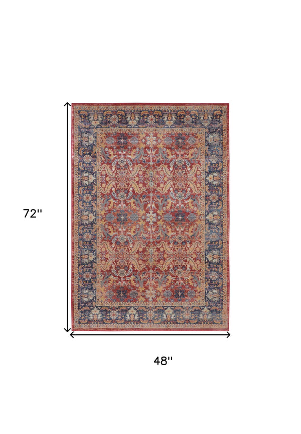Homeroots 4' X 6' Blue And Red Oriental Distressed Non Skid Area Rug  Polypropylene,Polyester 551018