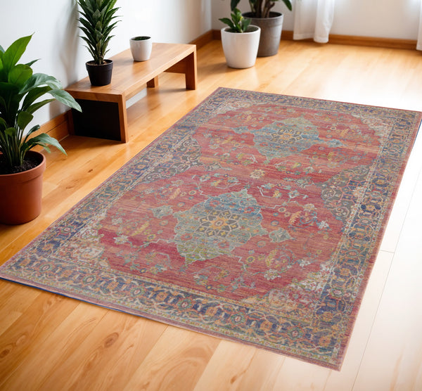 Homeroots 4' X 6' Blue And Red Floral Medallion Distressed Non Skid Area Rug  Polypropylene,Polyester 551019