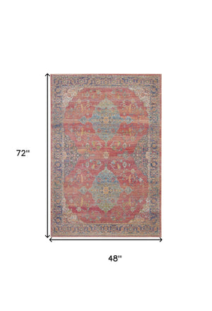 Homeroots 4' X 6' Blue And Red Floral Medallion Distressed Non Skid Area Rug  Polypropylene,Polyester 551019