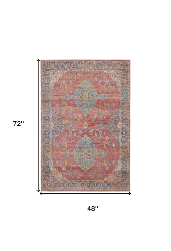 Homeroots 4' X 6' Blue And Red Floral Medallion Distressed Non Skid Area Rug  Polypropylene,Polyester 551019
