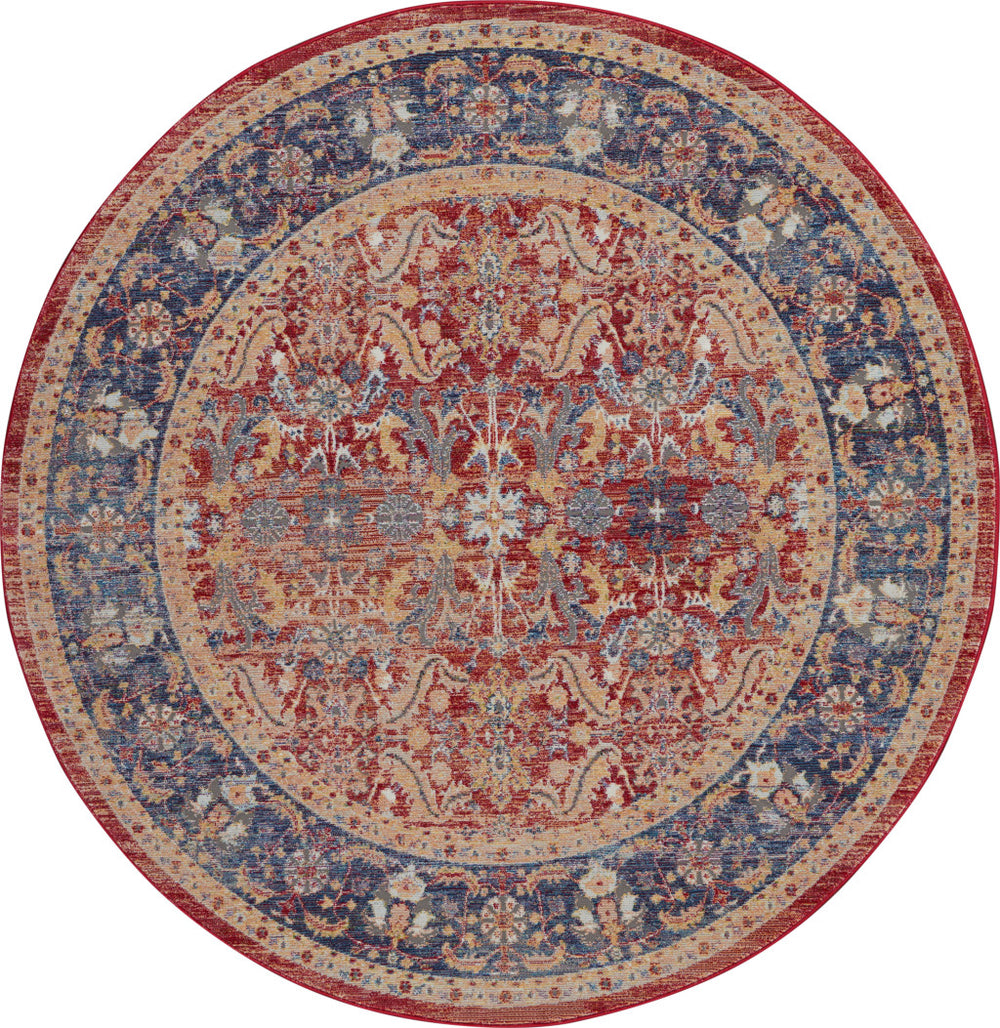 Homeroots 6' Navy Blue And Red Floral Distressed Non Skid Round Rug  Polypropylene,Polyester 551020