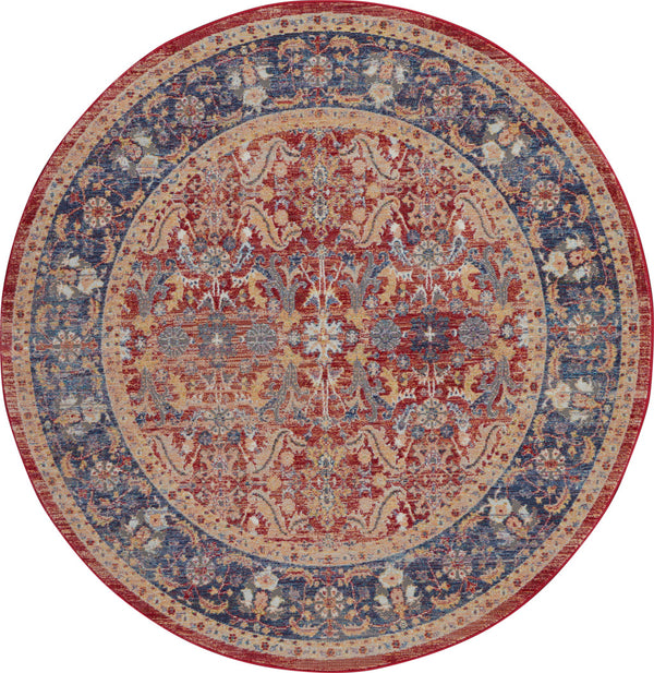 Homeroots 6' Navy Blue And Red Floral Distressed Non Skid Round Rug  Polypropylene,Polyester 551020