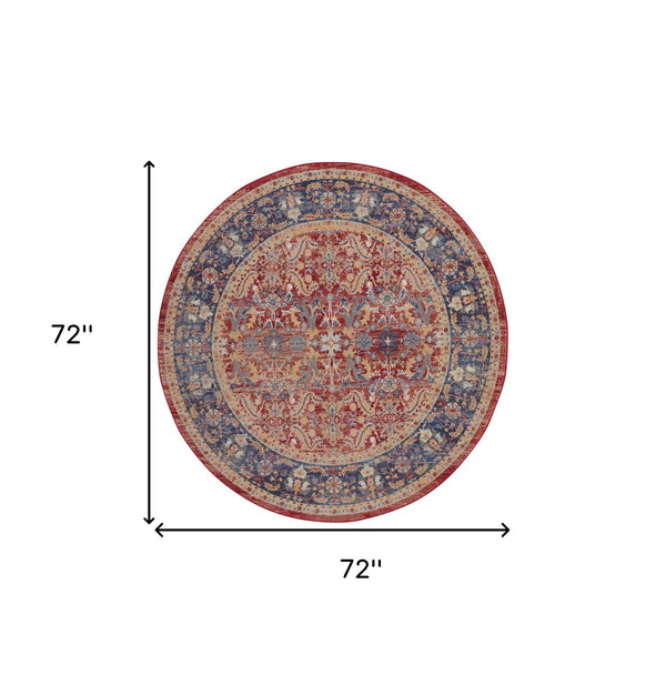 Homeroots 6' Navy Blue And Red Floral Distressed Non Skid Round Rug  Polypropylene,Polyester 551020