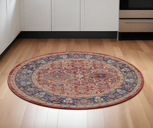 Homeroots 6' Navy Blue And Red Floral Distressed Non Skid Round Rug  Polypropylene,Polyester 551020