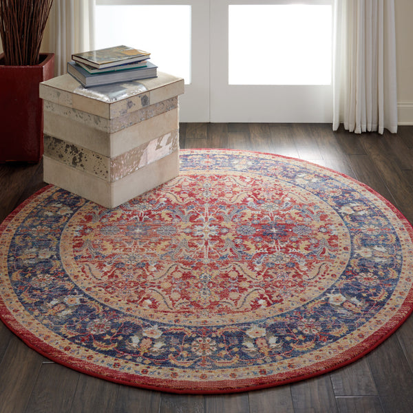 Homeroots 6' Navy Blue And Red Floral Distressed Non Skid Round Rug  Polypropylene,Polyester 551020