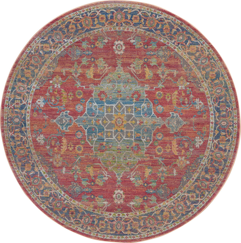 Homeroots 6' Blue And Red Floral Medallion Distressed Non Skid Round Rug  Polypropylene,Polyester 551021