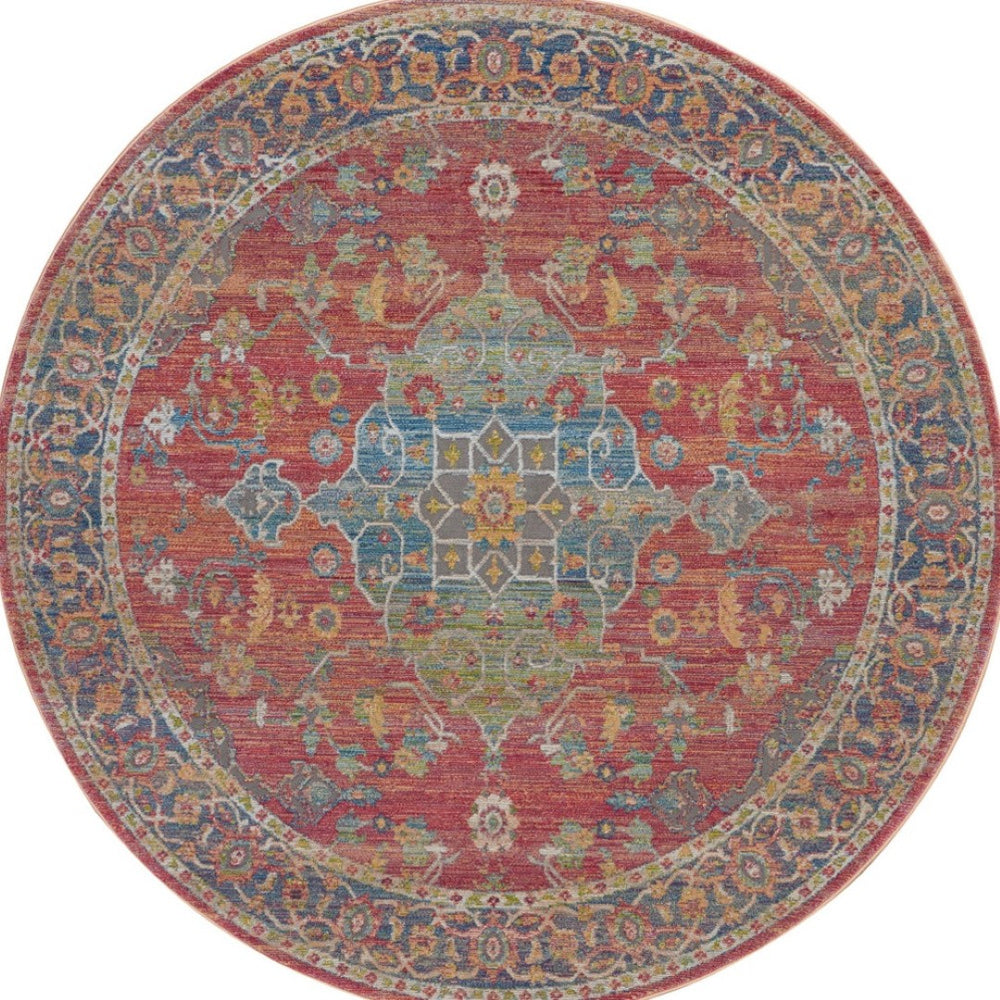 HomeRoots 6' Vintage-Inspired Blue and Red Floral Medallion Distressed Rug for Classic Home Charm 6' Round 551021